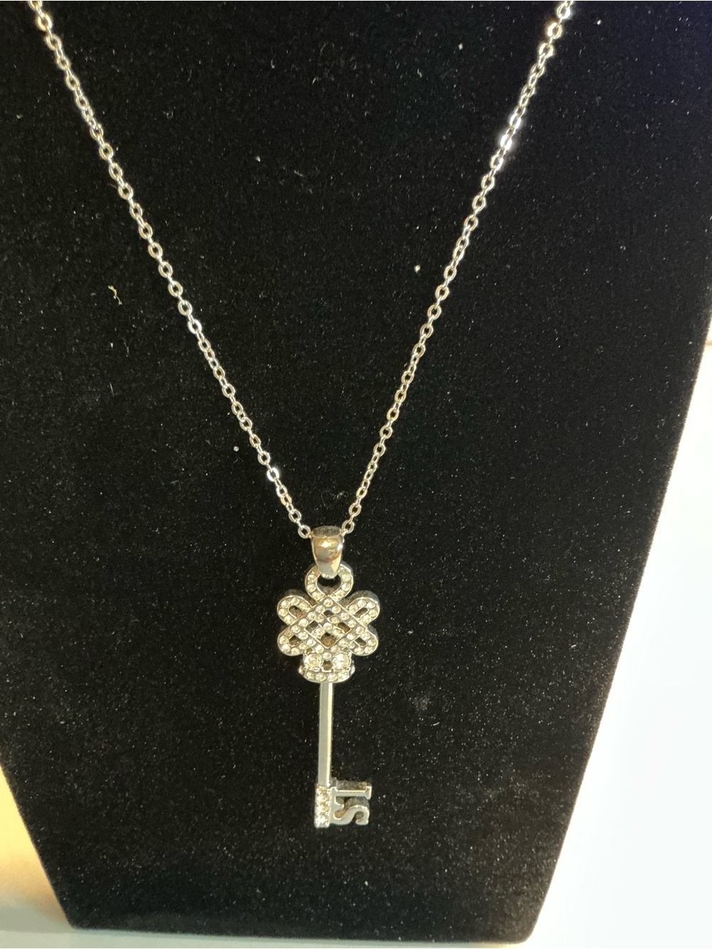 Silver Key Pendant Necklace with Clear Crystals - Women Jewelry